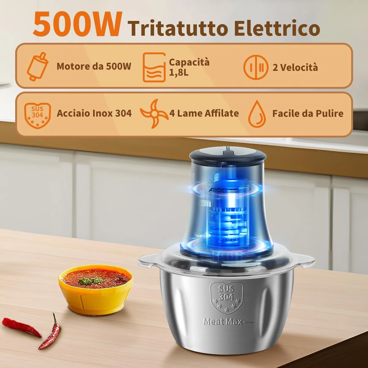 Aigostar Tritatutto Elettrico 500W, Tritacarne da Cucina con 4 Lame in Acciaio Inox, Ciotola da 1,8L, 2 Velocità, Ideale per Carne, Verdure e Frutta Secca, Flor