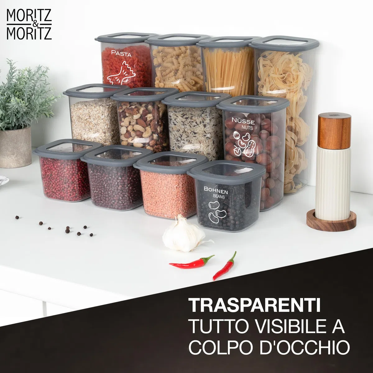 Moritz & Moritz Set di 12 barattoli con coperchio ermetici - Alimentare per la conservazione degli alimenti - Contenitori ermetici e impilabili - Set di barattoli per la conservazione in cucina