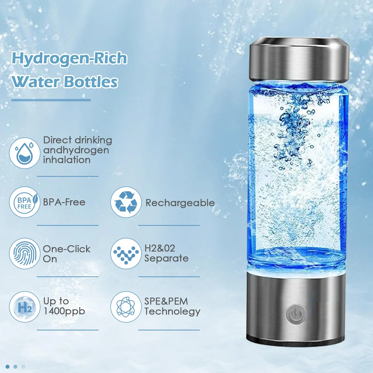 Tazza Ricca di Idrogeno, 430 ml Portatile Bottiglia Acqua All'idrogeno, Generatore Acqua Idrogeno con Tecnologia PEM e SPE, Bottiglia di Vetro Antiossidante per Casa, Viaggi, Ufficio (2 pz)