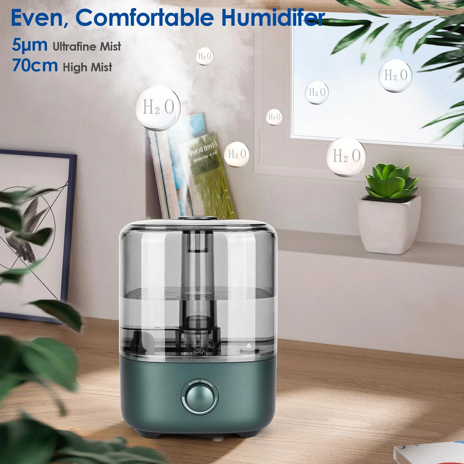 Umidificatore camera da letto 5 l, Vankarr Ultrasuoni 28 dB Silenzioso Air Humidifier TopFill Umidificatore per ambienti con ugello girevole a 360°, Aumenta l'umidità per cameretta dei bambini,