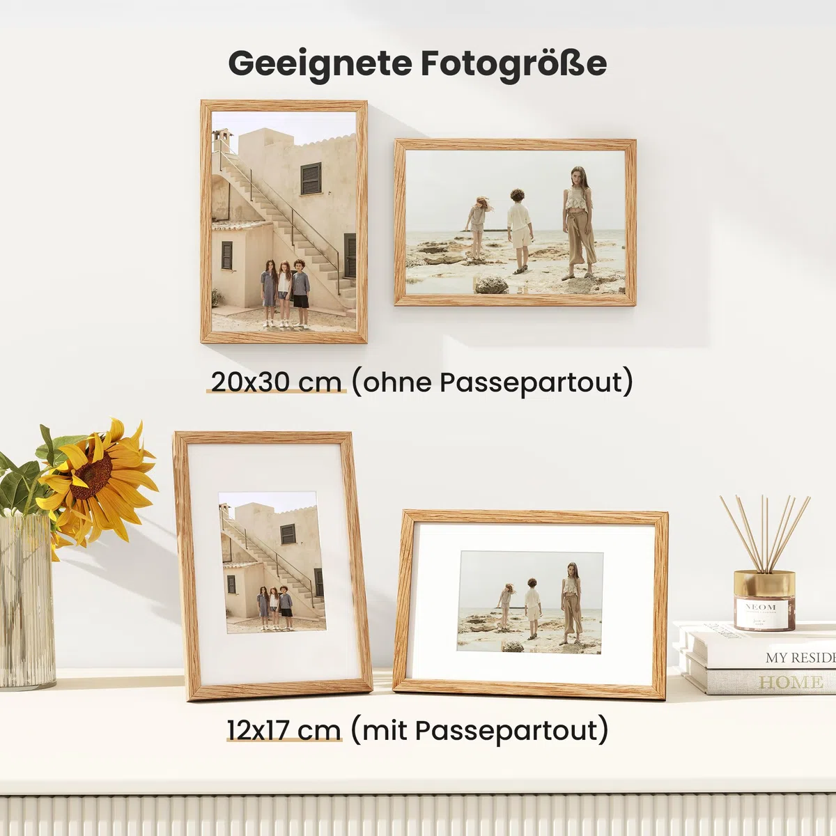 Feihorrm Cornice portafoto, Fotocornice in quercia, con vetro temperato, per foto 20x30 cm senza passepartout o 12x17 cm con passepartout, Fotocornice in legno massiccio (Beige, 20x30 cm/ 1x)