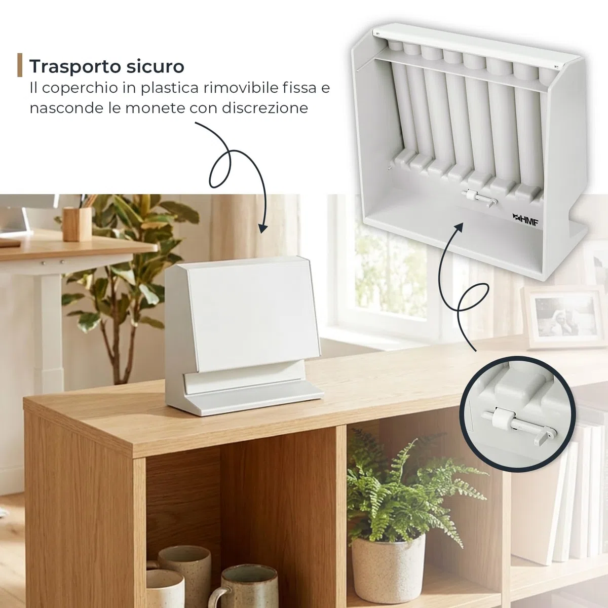 HMF Contamonete per ordinare e conservare gli spiccioli, selezionatore di monete trasparente con scala dei valori, salvadanaio per bambini | 21 x 19,5 x 10 cm | Grigio chiaro