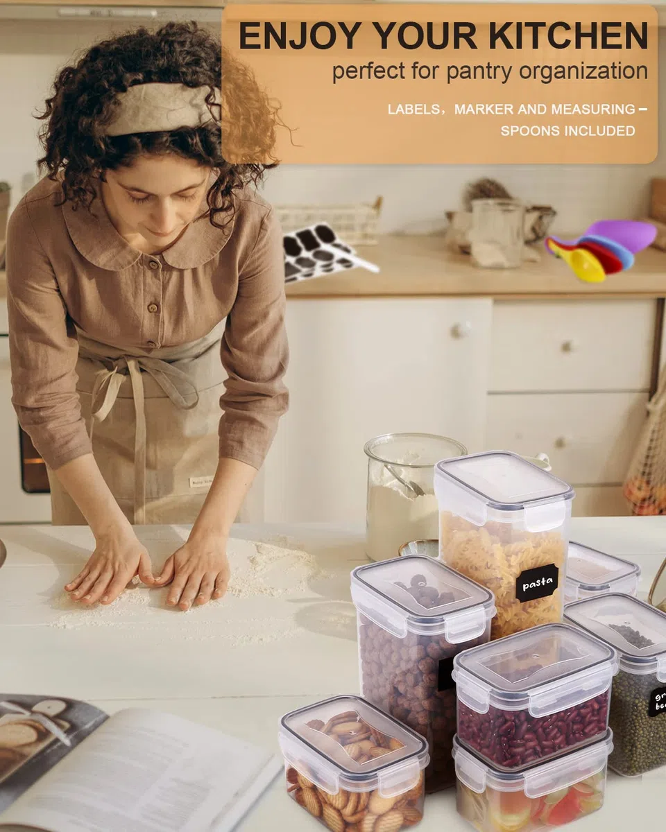 Set di 10 Contenitori Alimentari Ermetici Contenitori per Cereali Ermetici Senza BPA Plastica Cereali con Coperchio Etichette Cucchiai per la Conservazione di Pasta Cereali Farina