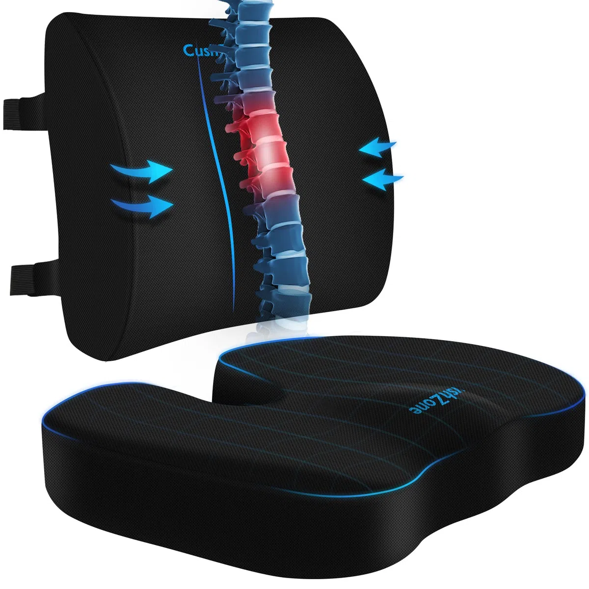 CushZone Cuscino da seduta, cuscino lombare con cinturino regolabile, per alleviare il dolore sciatica, con rivestimento lavabile in memory foam per auto, viaggio e sedia a rotelle, nero