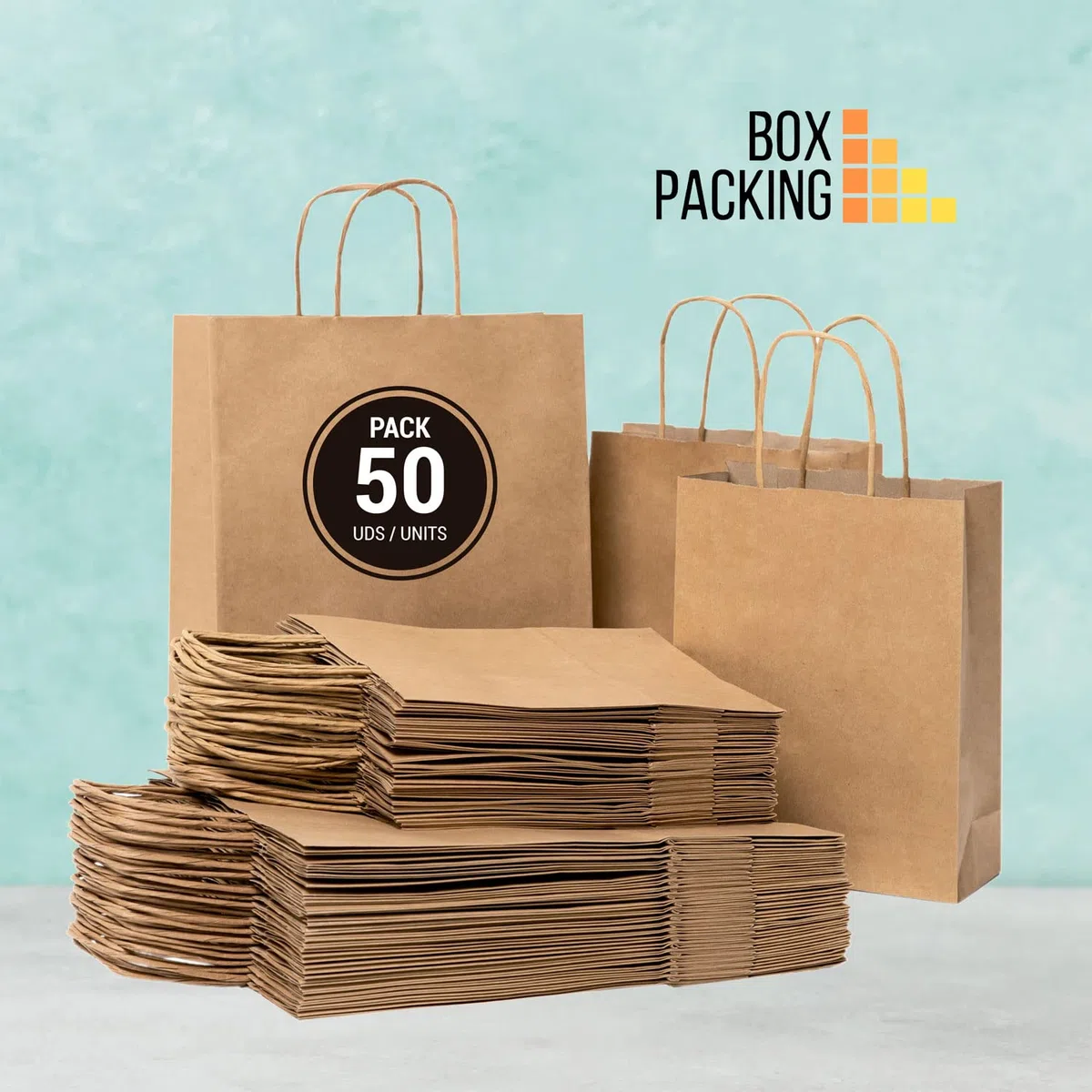 BOXPACKING | Sacchetti Carta con Manici | 50 Busta Regalo | 25 Buste Regalo Medie (32x24x11 cm) e 25 Sacchetti carta Piccoli (24x18x8 cm) | Shopping Bag | Borse Carta con Manico | Carta Kraft 115 g/m²