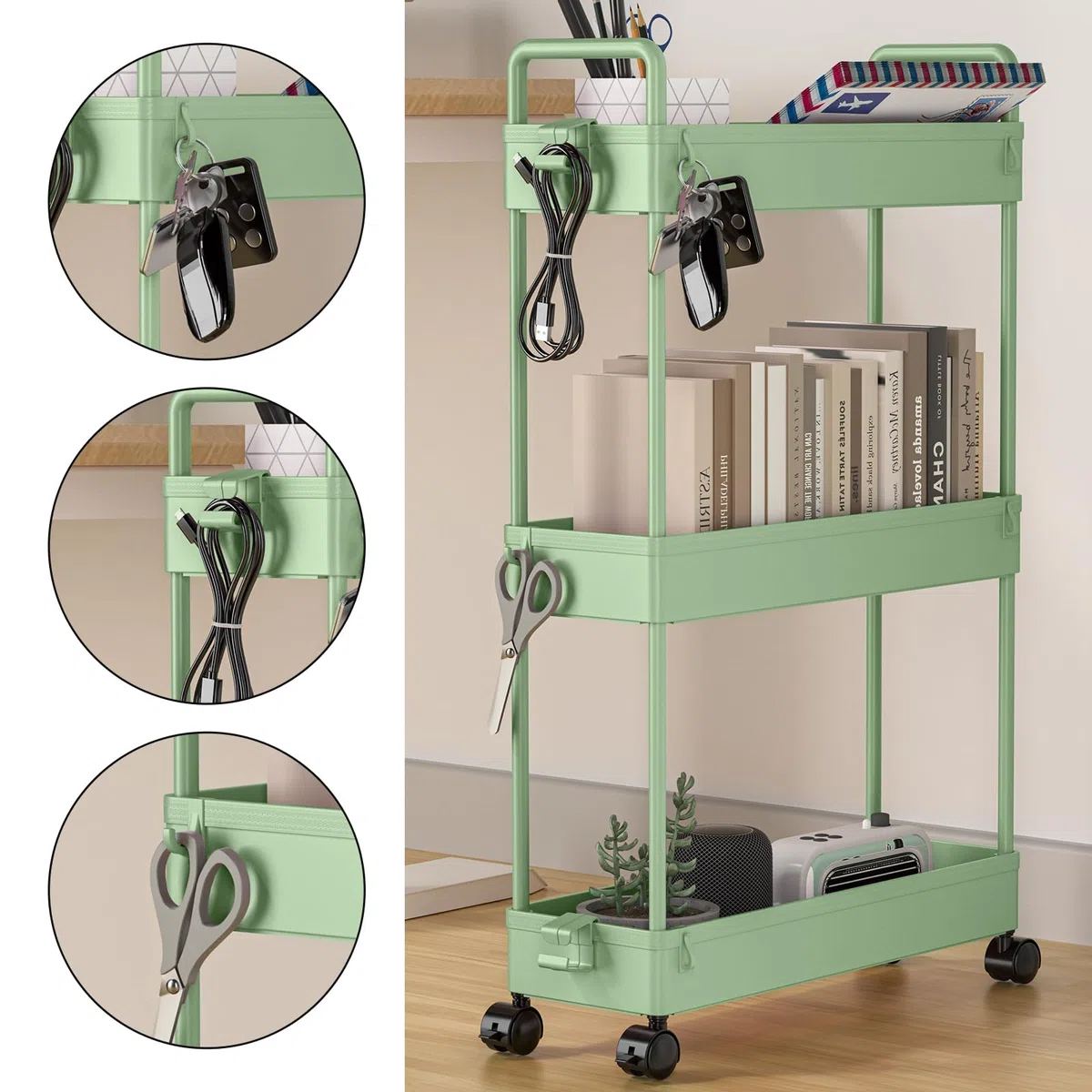 SOLEJAZZ Carrello portaoggetti a 3 ripiani, scorrevole, sottile, con rotelle, organizer per cucina, bagno, lavanderia, camera da letto, spazi stretti, plastica, verde