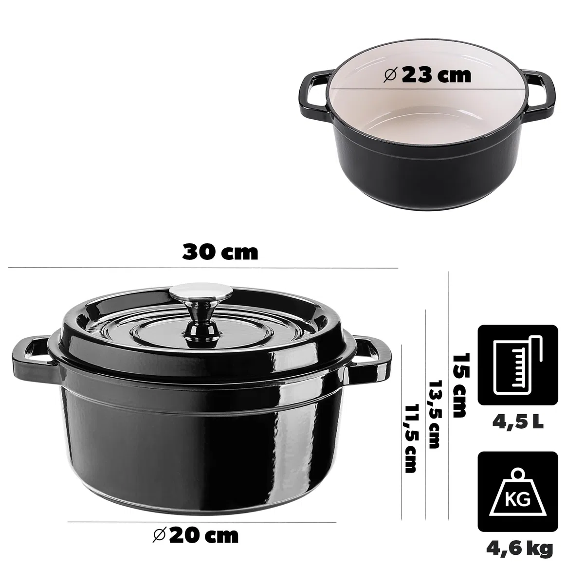 KADAX Pentola in ghisa 4,5 litri, Ø 23 cm, pentola in ghisa smaltata, rotonda con coperchio, per stufare, arrostire, cucinare e cuocere, casseruola (nero)