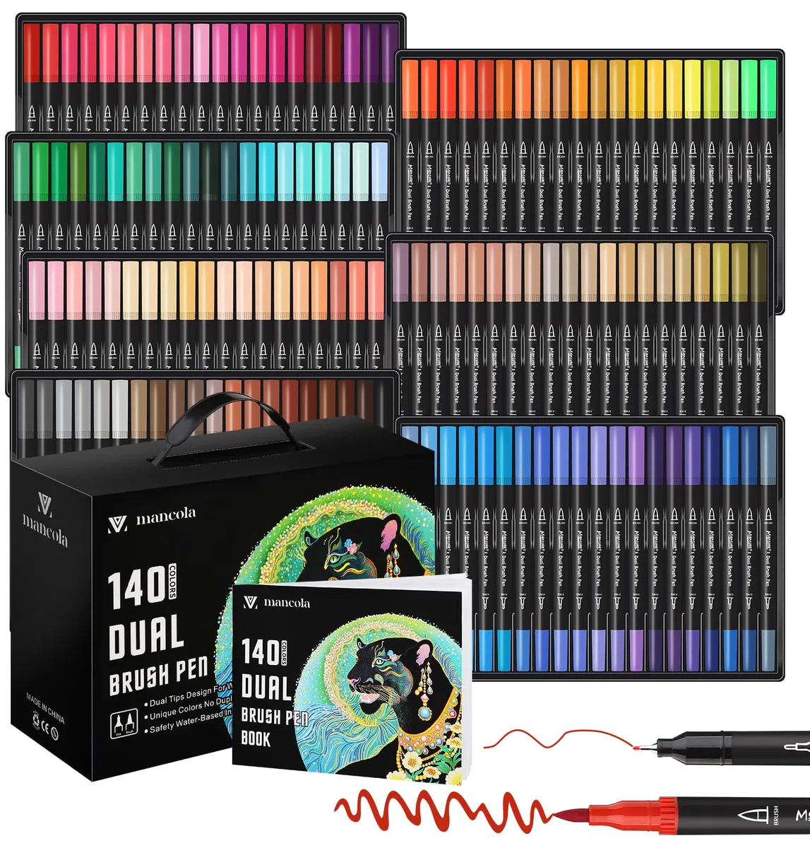 mancola 140 Colori Pennarelli Punta Fine per Acquerello, Pennarelli Doppia Punta per Adulti Brush Pen Lettering per Colorare, Disegnare Journaling e Calligrafia, Disegno, Pittura