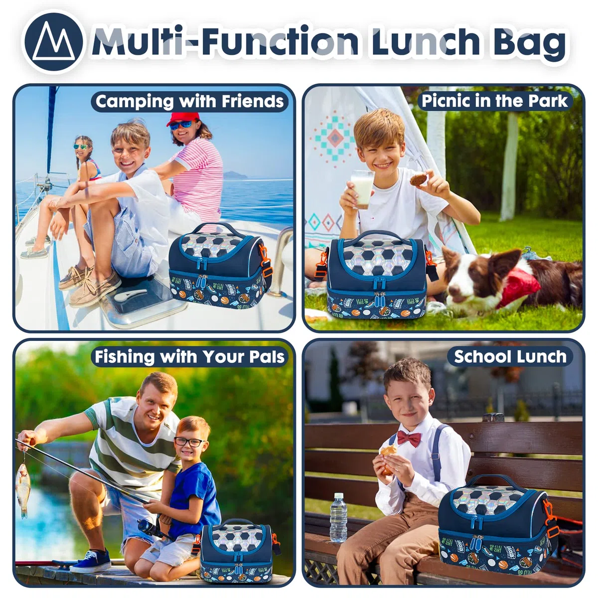 PinkSheep Borsa termica per il pranzo a due piani per bambini, grande, per ragazzi, ragazze, uomini, donne, con tracolla regolabile, unicorno (Calcio)