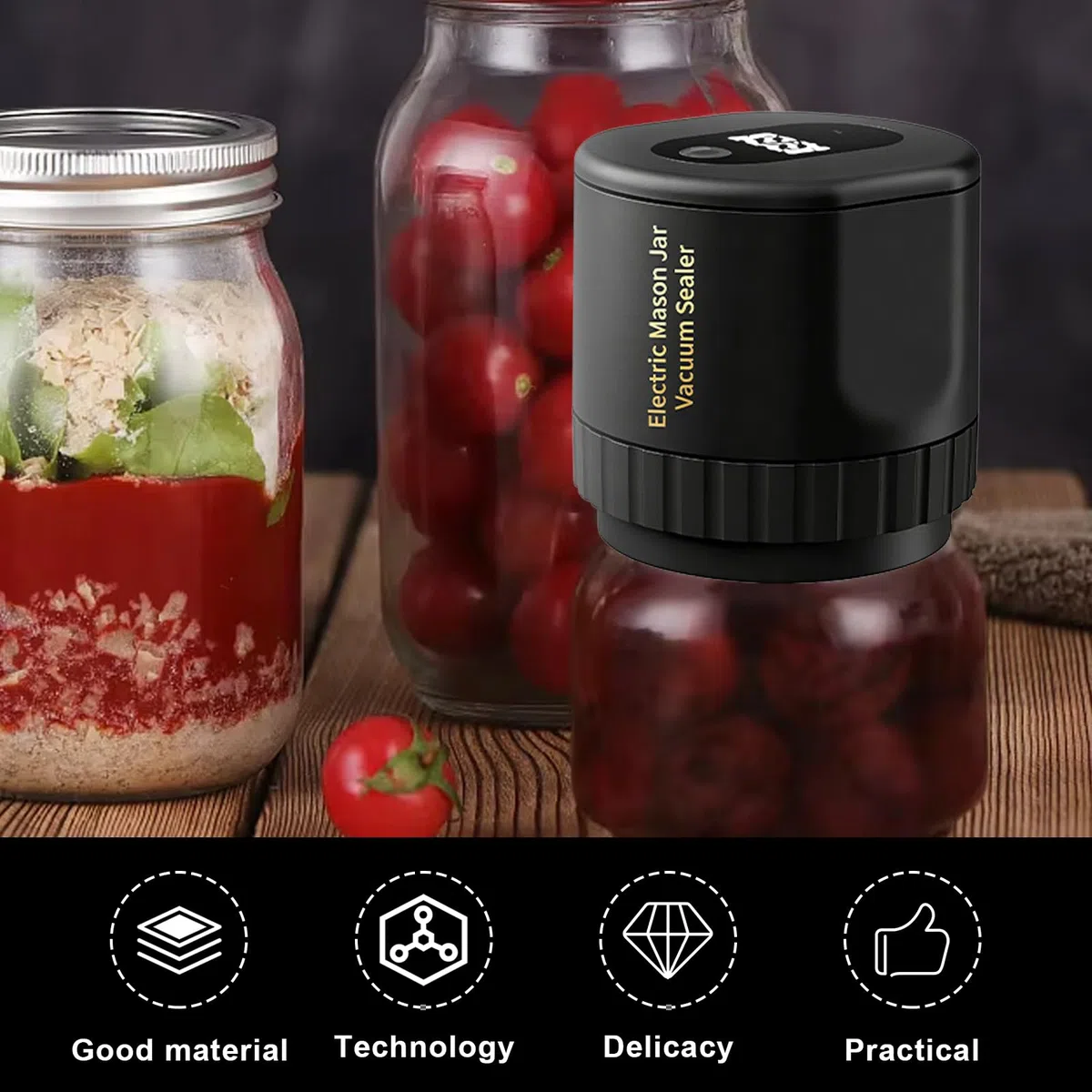 Electric Mason Jar Vacuum Sealer, macchina per sottovuoto elettrica per barattoli di conserve, barattolo di vetro sottovuoto, funzione di arresto automatico, portatile, senza fili, per conservare la