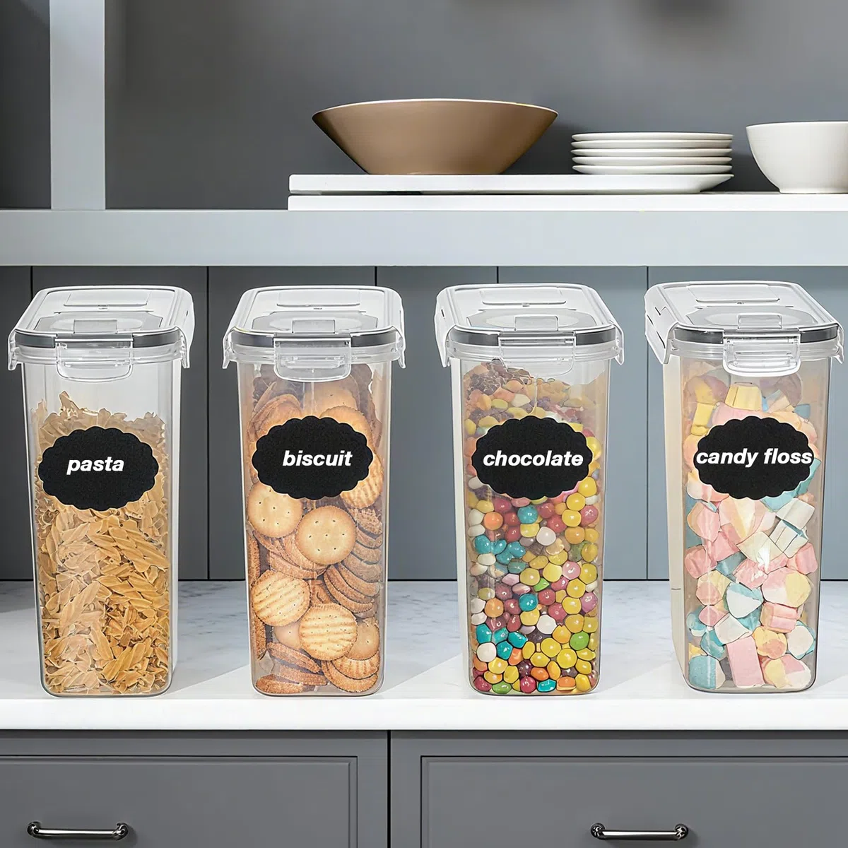 AiQInu 2.5L Contenitori Ermetici per Alimenti con Coperchio, 4 Pezzi Organizer Dispensa Cucina per Cereali in plastica per Conservare Cereali, Pasta, Farina, Cibo per Animali Domestici