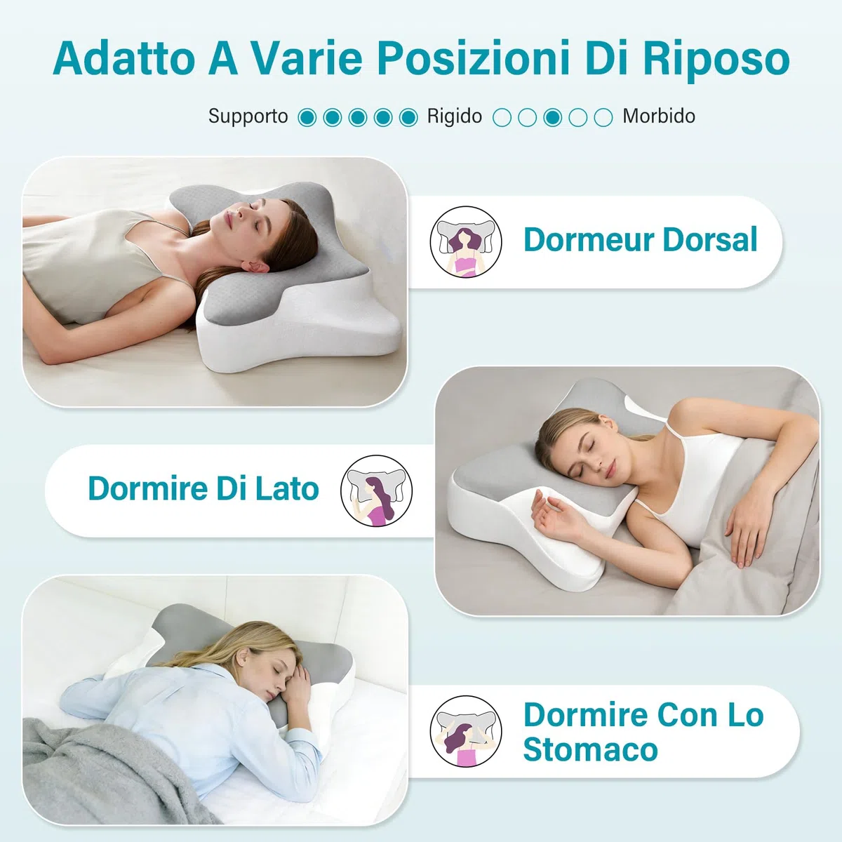 Cuscino Cervicale per Dormire, Cuscino per Cervicale, Cuscino Ergonomico in Memory Foam Adatto per Dormire su Un Fianco, Sulla Schiena o Sulla Pancia, Federa Lavabile 66x37x9/12cm (Argento)
