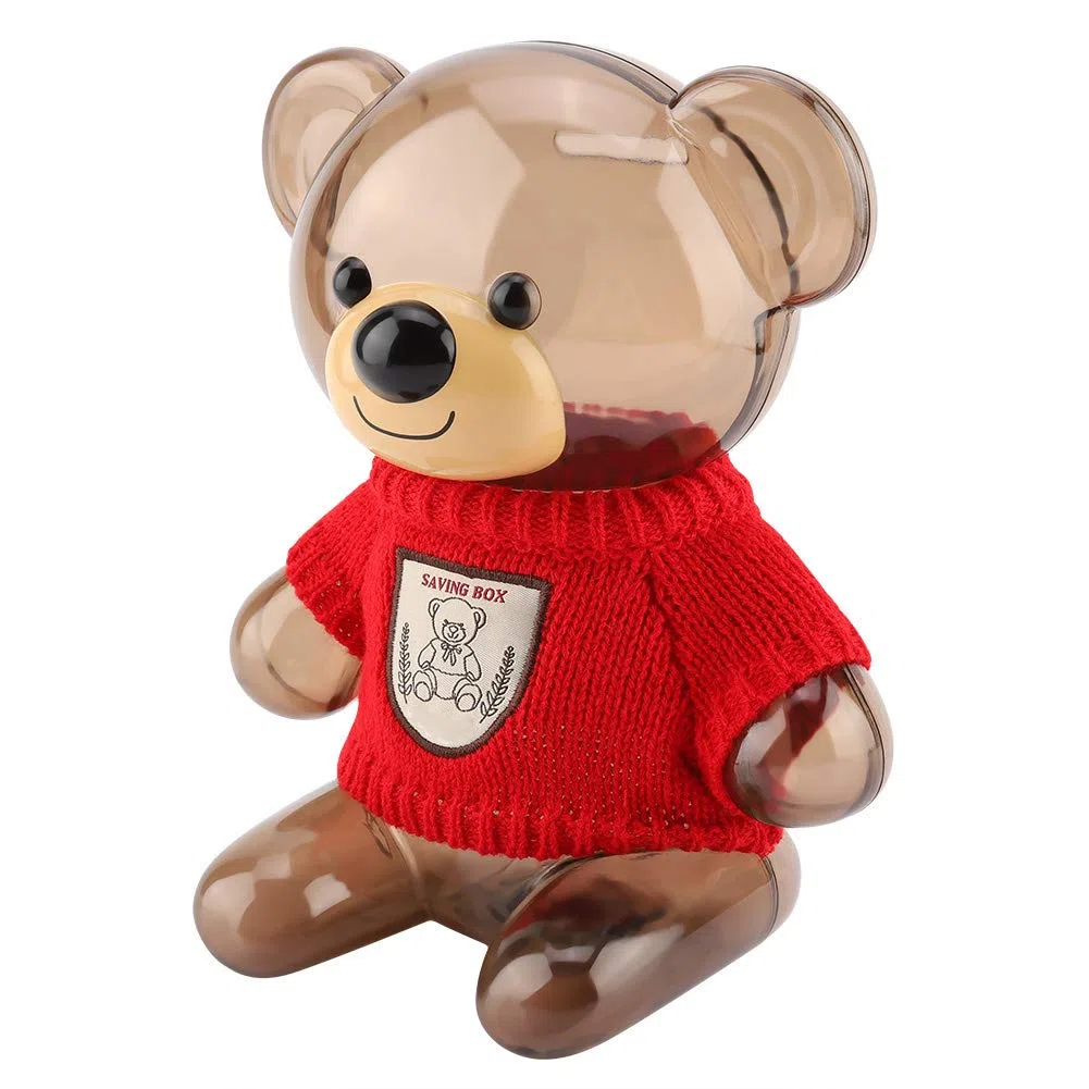 Fdit Salvadanaio Grande, Salvadanaio per Bambini, Salvadanaio, Salvadanaio, Cartone Animato, Vestiti, Orso, Plastica Trasparente(Orso Trasparente in Rosso)