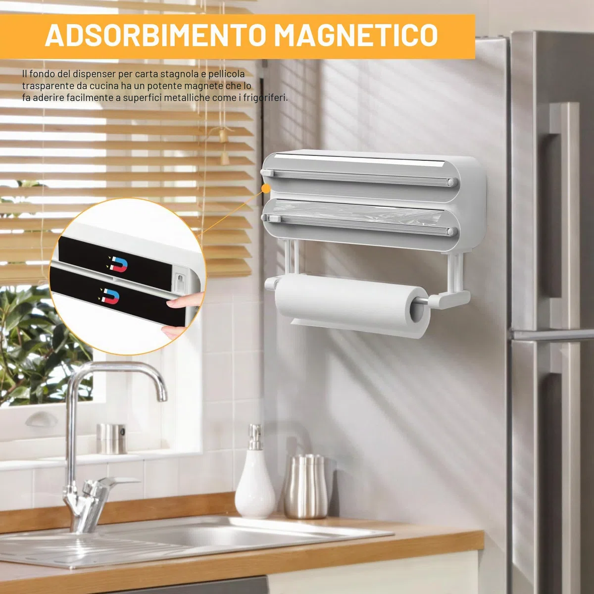 Dispenser e Taglierina Magnetica per Pellicola Trasparente - Supporto per Rotolo da Cucina 3 in 1 Montato a Parete, Quasziwa Dispenser Carta Stagnola in Alluminio con 50M Pellicola Alimentare, Bianco