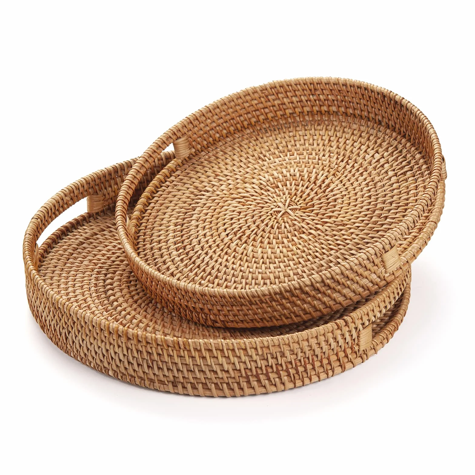 Rotondo Rattan Vassoi da Portata con Manici Vassoio Tavolino Vassoio Decorativo Intrecciato per Ottomano Naturale (34cm x 7cm)