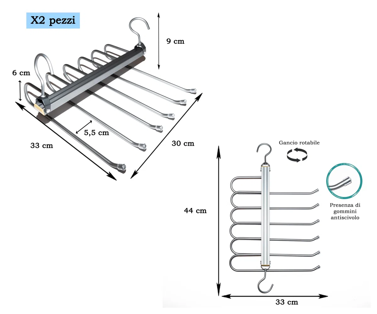 BAILIWANG - Grucce pantaloni 6 in 1,salvaspazio, 2 pezzi, organizer per borse cinture cravatte, appendiabiti, grucce per pantaloni, grucce salvaspazio