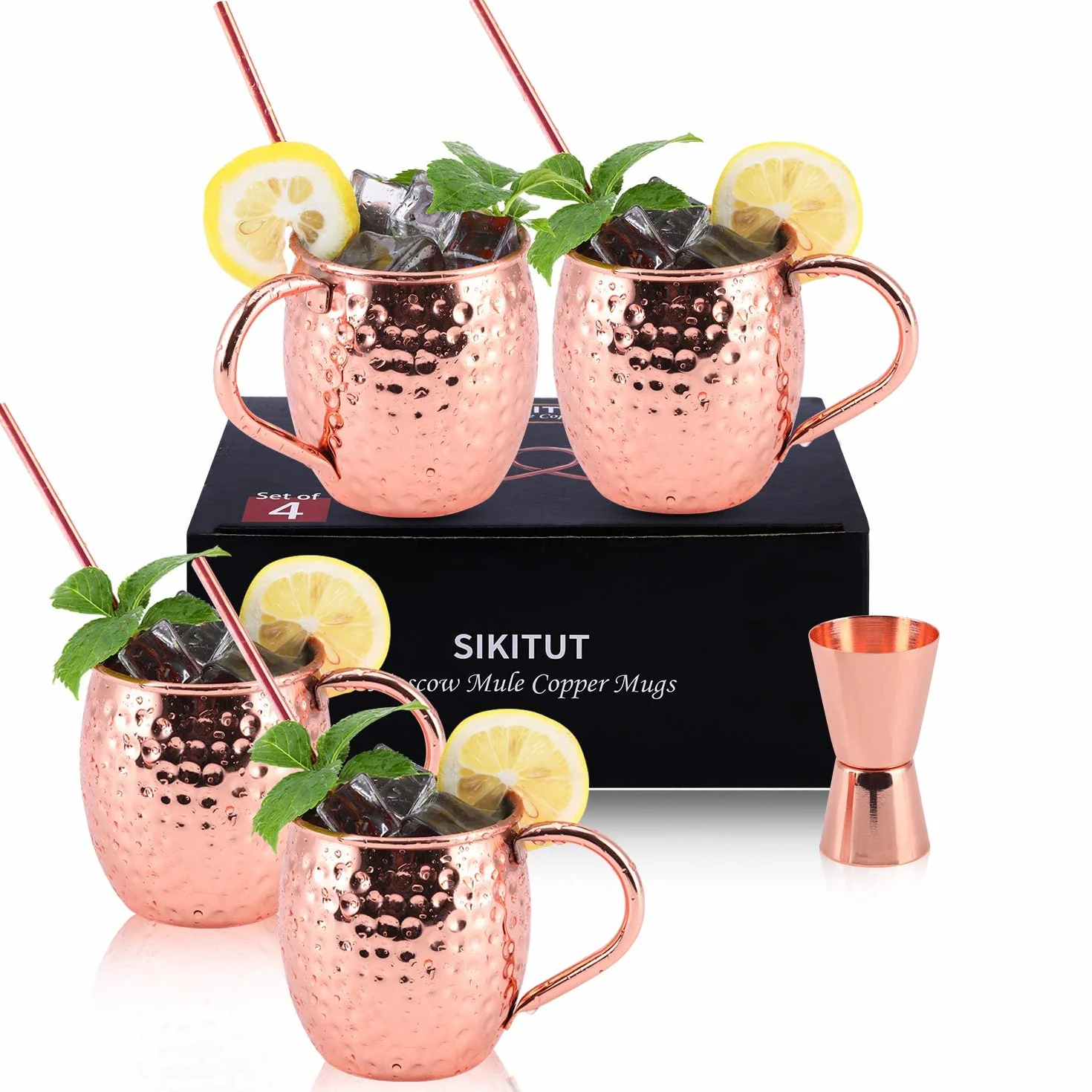 Bicchieri Rame Moscow Mule Set di 4, 100% Tazze Rame Lavorate a Mano, set da 550ml con BONUS: 4 Cannucce di Rame da Cocktail di Alta Qualità e 1 Jigger