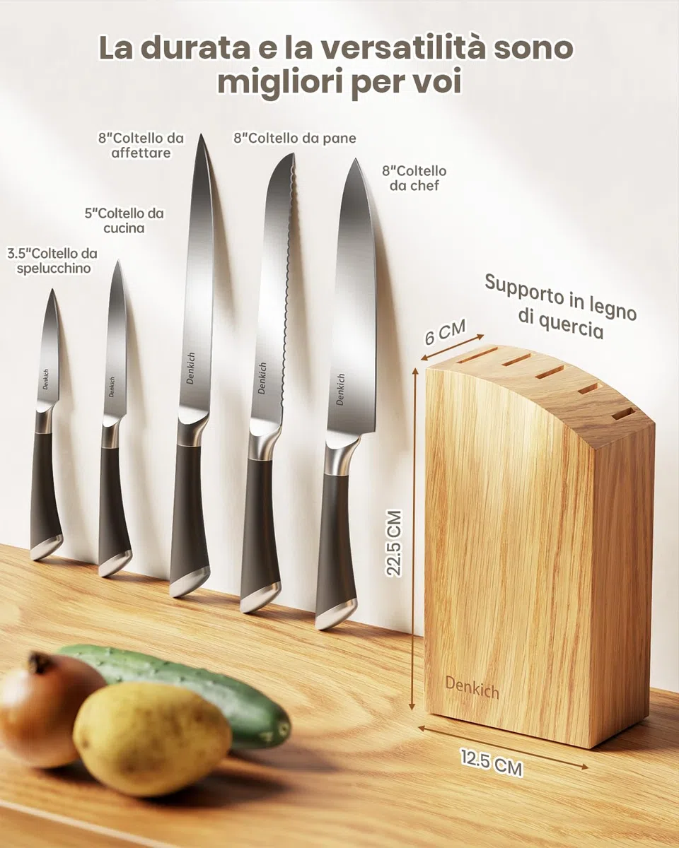 Coltelli da Cucina, 6 Pezzi Professionali Scoltelli da Cucina Tedesco in Acciaio Inossidabile, Ceppo con Blocco in Legno di Caucciù, Include Coltello da Chef, da Pane, da disco etc(8 pollici)