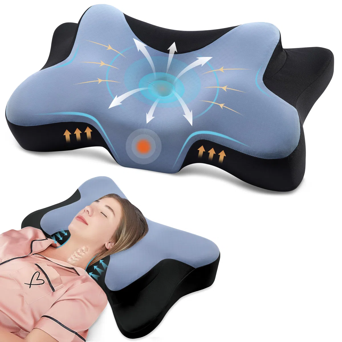 DONAMA cuscino cervicale per dormire, cuscino ergonomico cervicale per Dormitori Laterali, Supini e Proni con Federa Sfoderabile e Lavabile (Blu Nero, 66x37x13 cm)