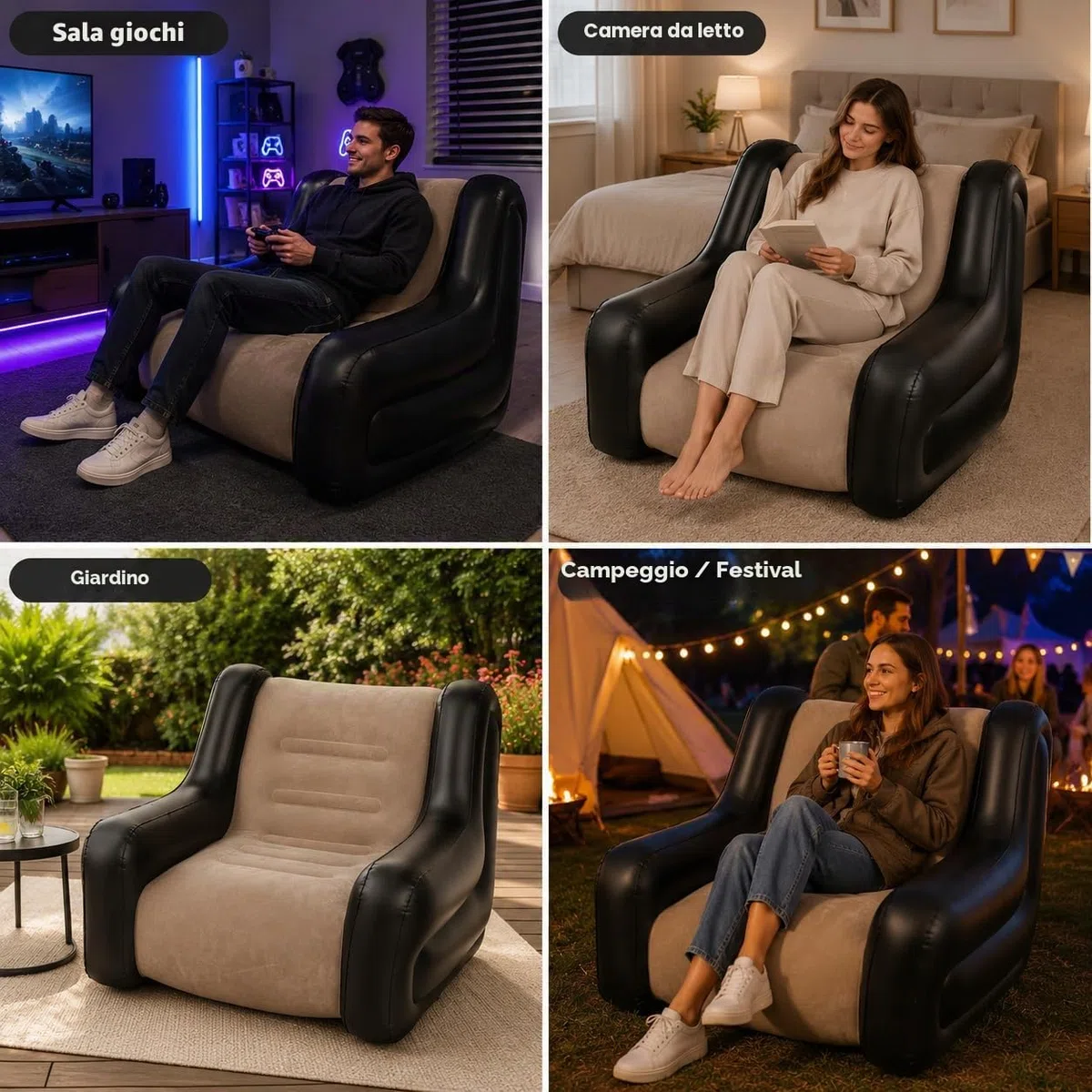 LONEEDY Sedia gonfiabile bicolore con braccioli, seduta gonfiabile, per sala giochi, campeggio, giardino, in morbido tessuto felpato, per adulti e bambini (cachi)