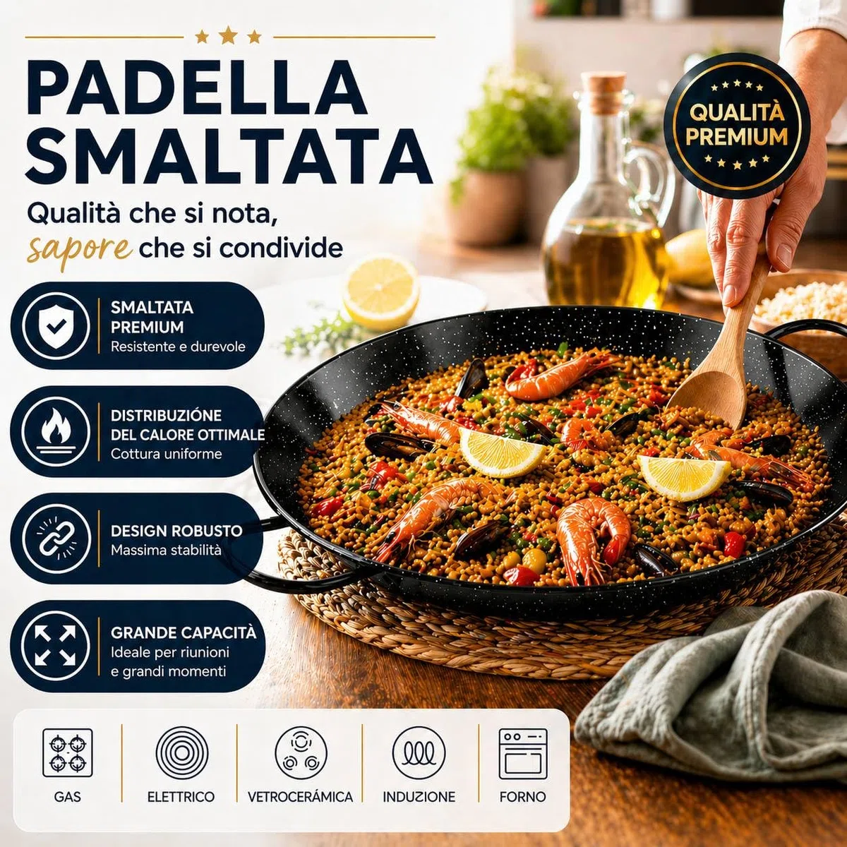 TEHORNEO Padella per Paella, Paellera Induzione 32 cm Acciaio Smaltato 4-5 porzioni, Paellera, Padella Paella, Pentola per Paella, Pentola Paella, Paella