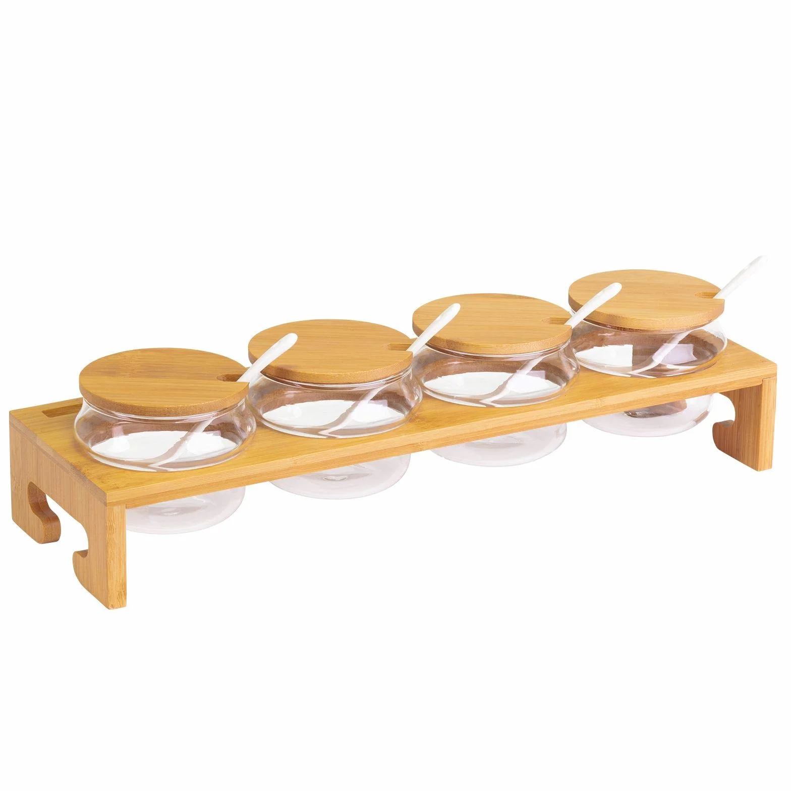 Westmark Set per marmellate/spezie, 13 pz., 1 base + 4 contenitori + 4 coperchi + 4 cucchiai, Larghezza: 38,5 cm, Bambù/Vetro/Ceramica, Tapas + Friends, Marrone chiaro/Bianco, 69902260