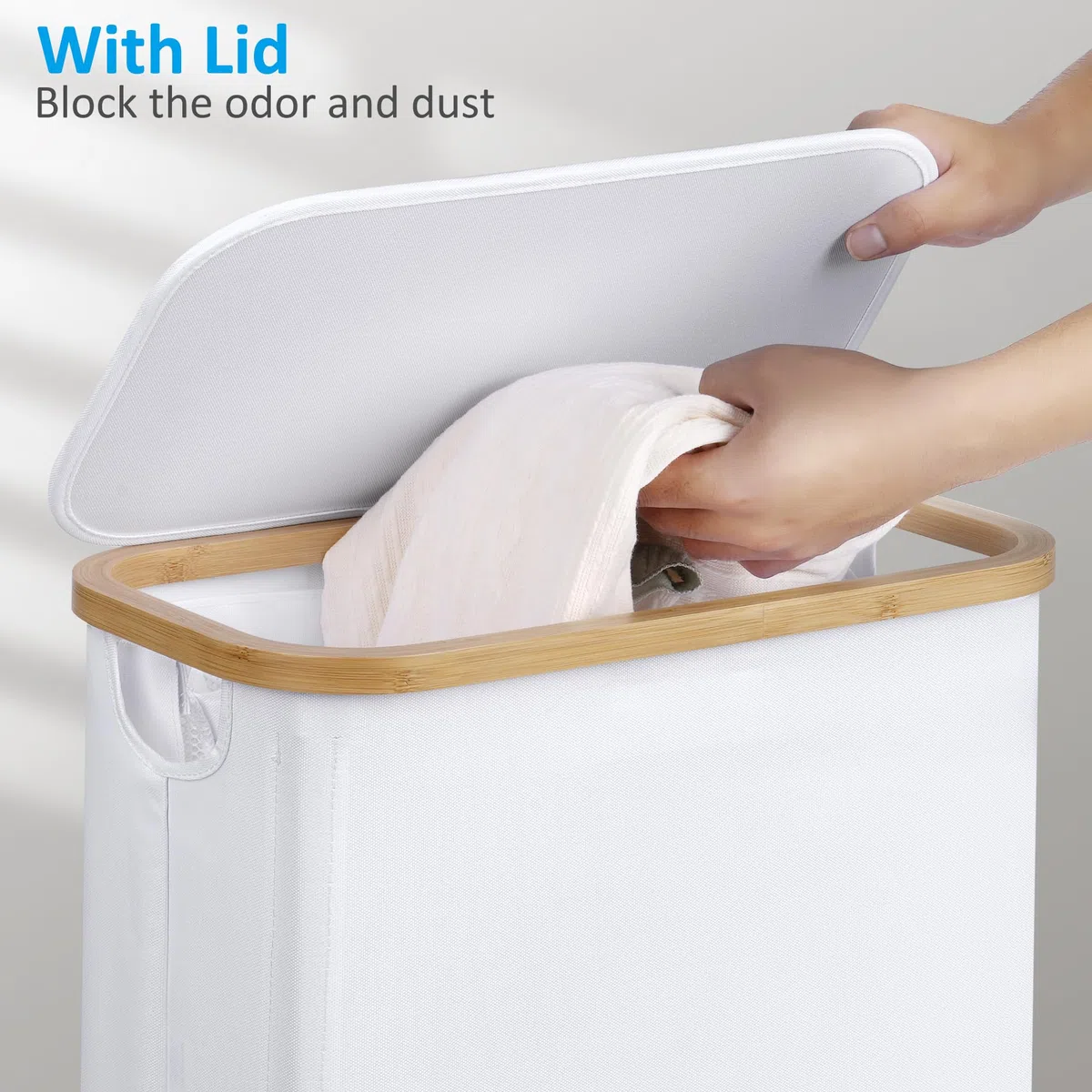 efluky Cesto per la Biancheria 63L, Cesto per la Biancheria Sottile con Coperchio, Cestos per la Biancheria Pieghevole Bianco con Manici in Bambù e Borsa Rimovibile per Camera da Letto, Lavanderia