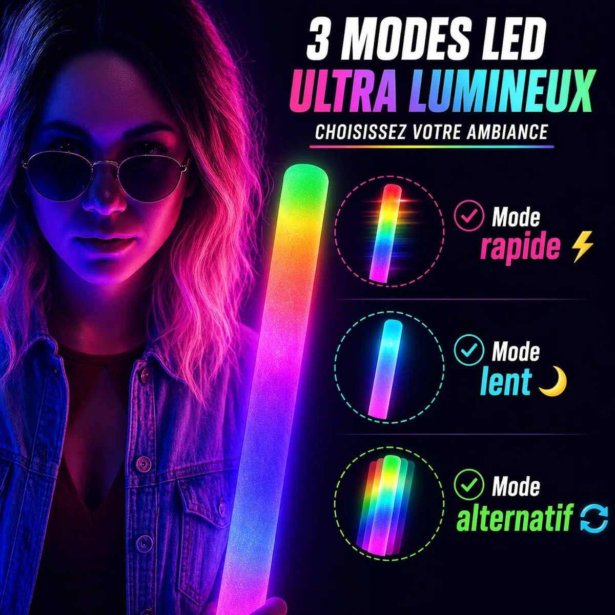 zenda club® Set di 20 bastoncini luminosi a LED, 48 cm, colore: rosa – bastone luminoso in schiuma – 3 modalità (lampeggiamento veloce, lento, alternativo) – ideale per feste, EVJF, compleanno