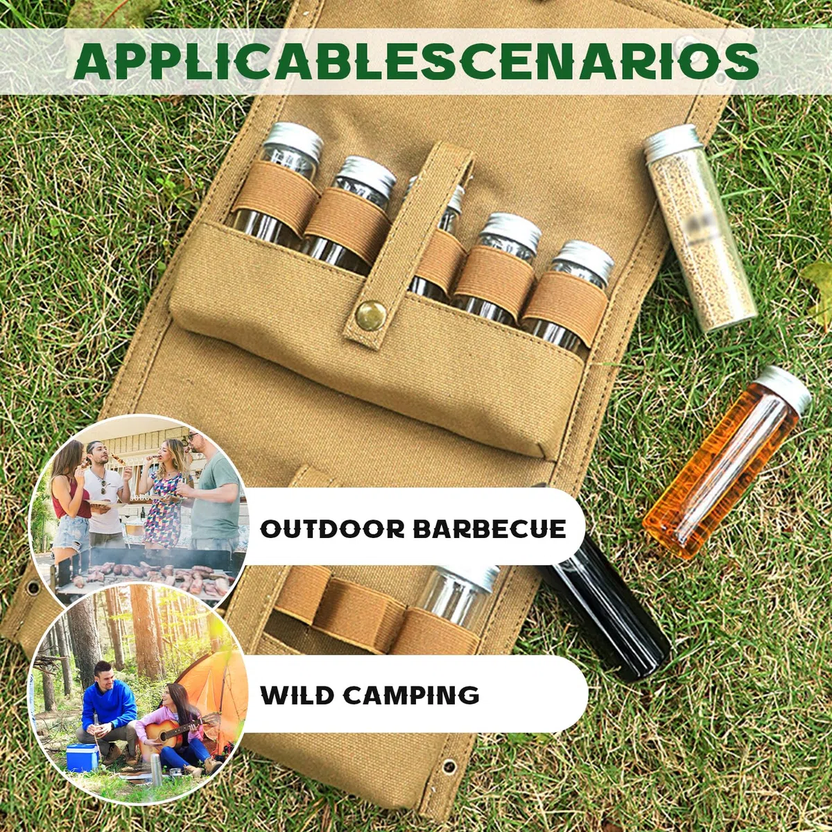 Borsa Porta Spezie Portatile, Kit Di Spezie Da Campeggio Con 10 Bottiglie Di Condimento, Portaspezie Portatile Con Custodia Pieghevole, Contenitori Per Condimenti Per Viaggi (Cachi)