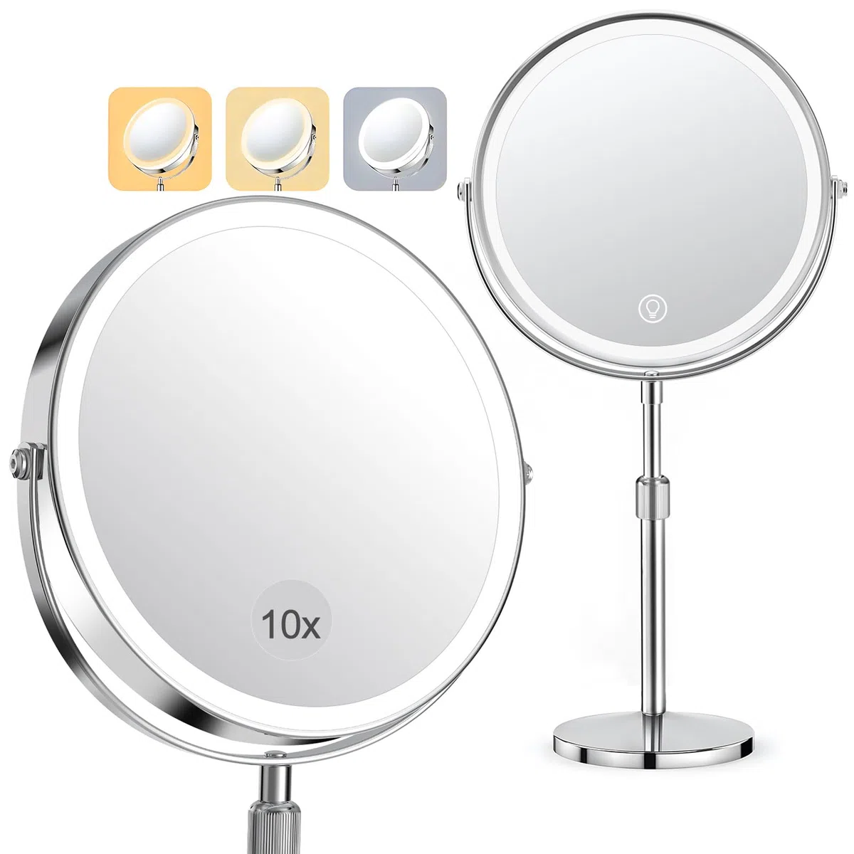 Specchio Ingranditore 10X/1X, Specchio Trucco ricaricabile 3 Luci di Colore, LED Dimmerabile e Regolabile in Altezza Rotazione a 360 Stile Retrò, Specchio Cosmetico Bifacciale e Supporto Cromato