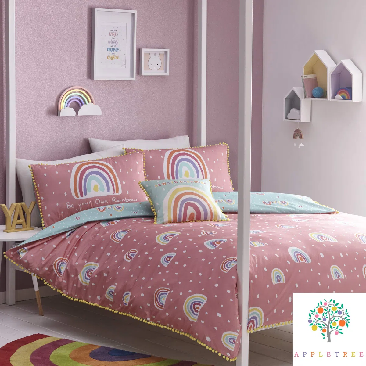 Appletree - Set Copripiumino con Pompon Arcobaleno, 100% Cotone, Rosa, Doppio