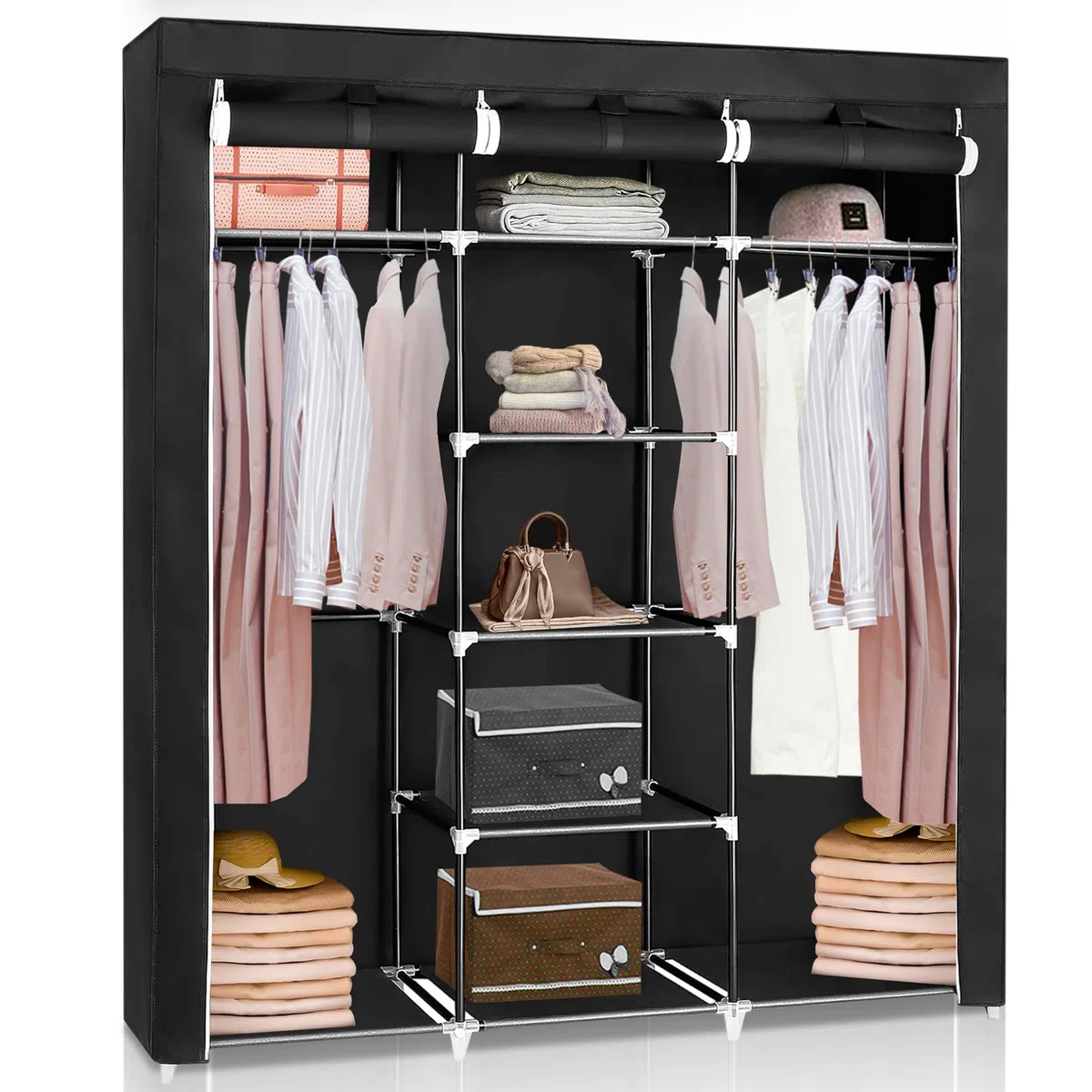 JUPPLIES Armadio in Tessuto Portatile 45x130x167 cm – Armadio Salvaspazio con Ripiani e Barra Appendiabiti – Guardaroba Pieghevole con Cerniera, Montaggio Facile Senza Attrezzi
