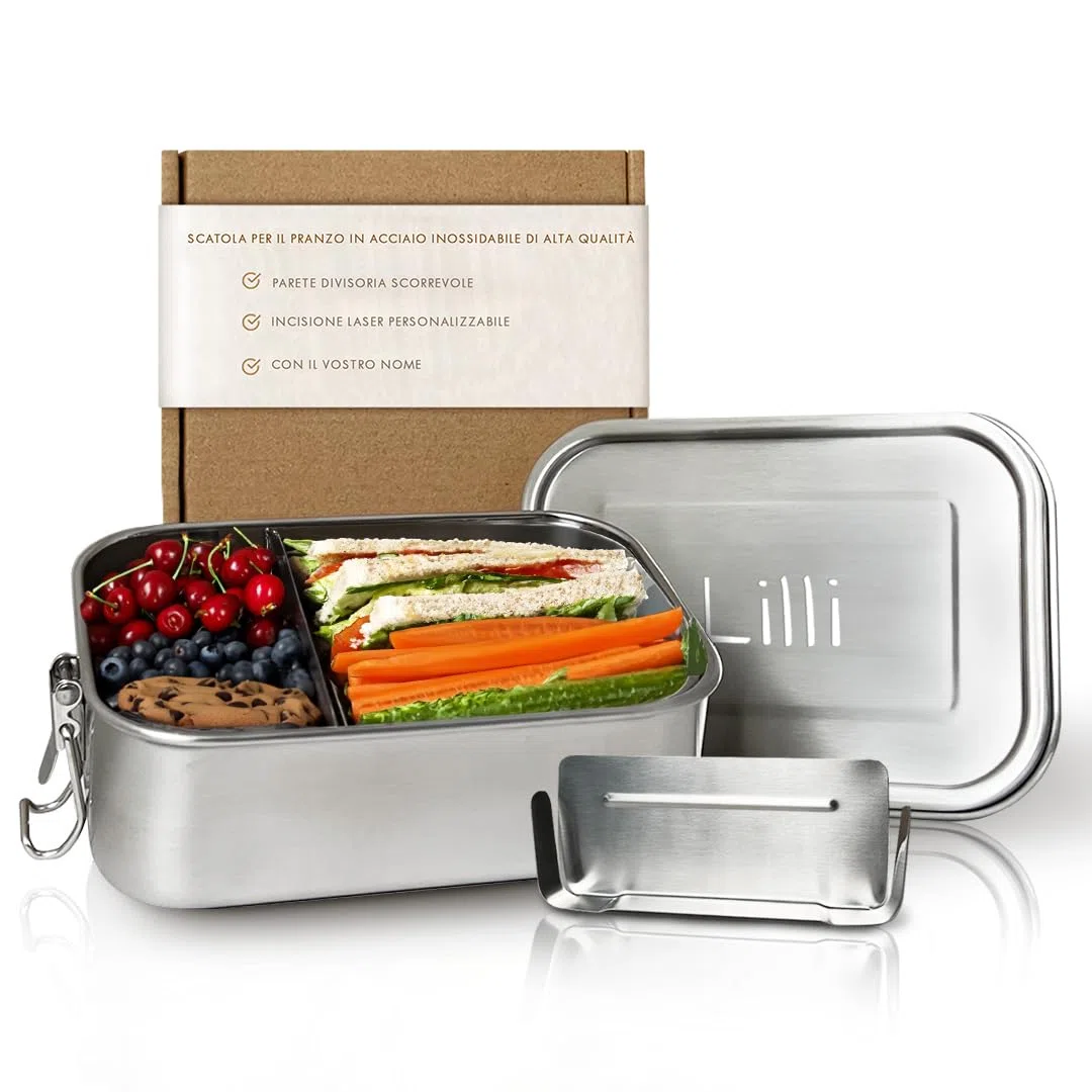 LOOXIS Scatola per il pranzo personalizzata in acciaio inox con incisione del nome o del testo - idea regalo per bambini, compleanno - con scomparti, inclusa separazione, lunchbox, bento box - L