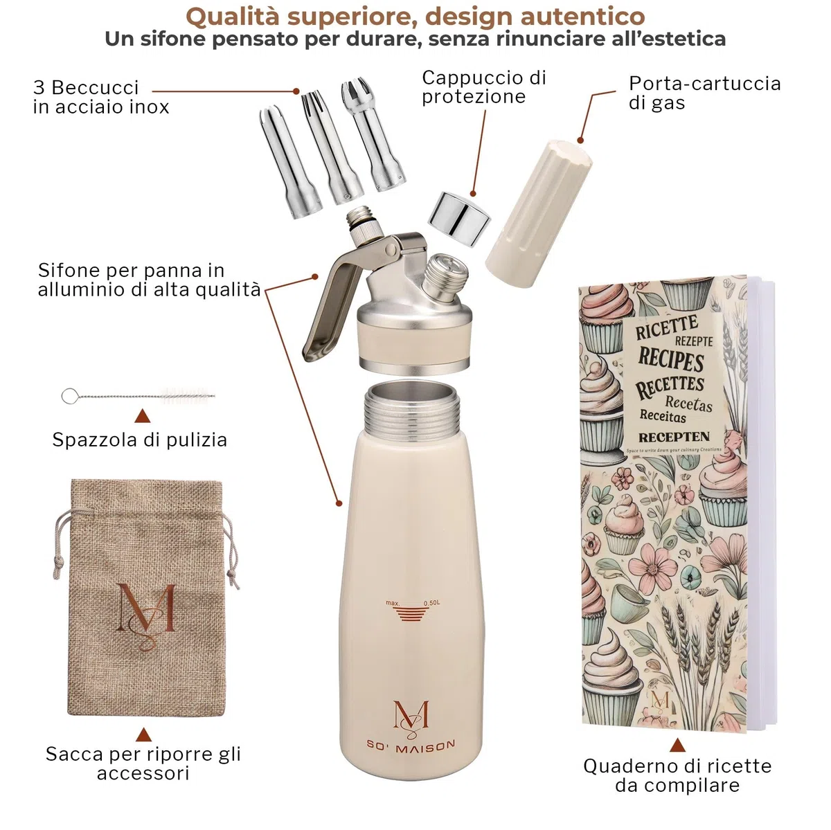 SO’Maison Sifone Panna e Crema 500 ml – Sifone da Cucina Professionale, Design Crema Vintage, con Ricettario da Compilare – Accessori per Pasticceria