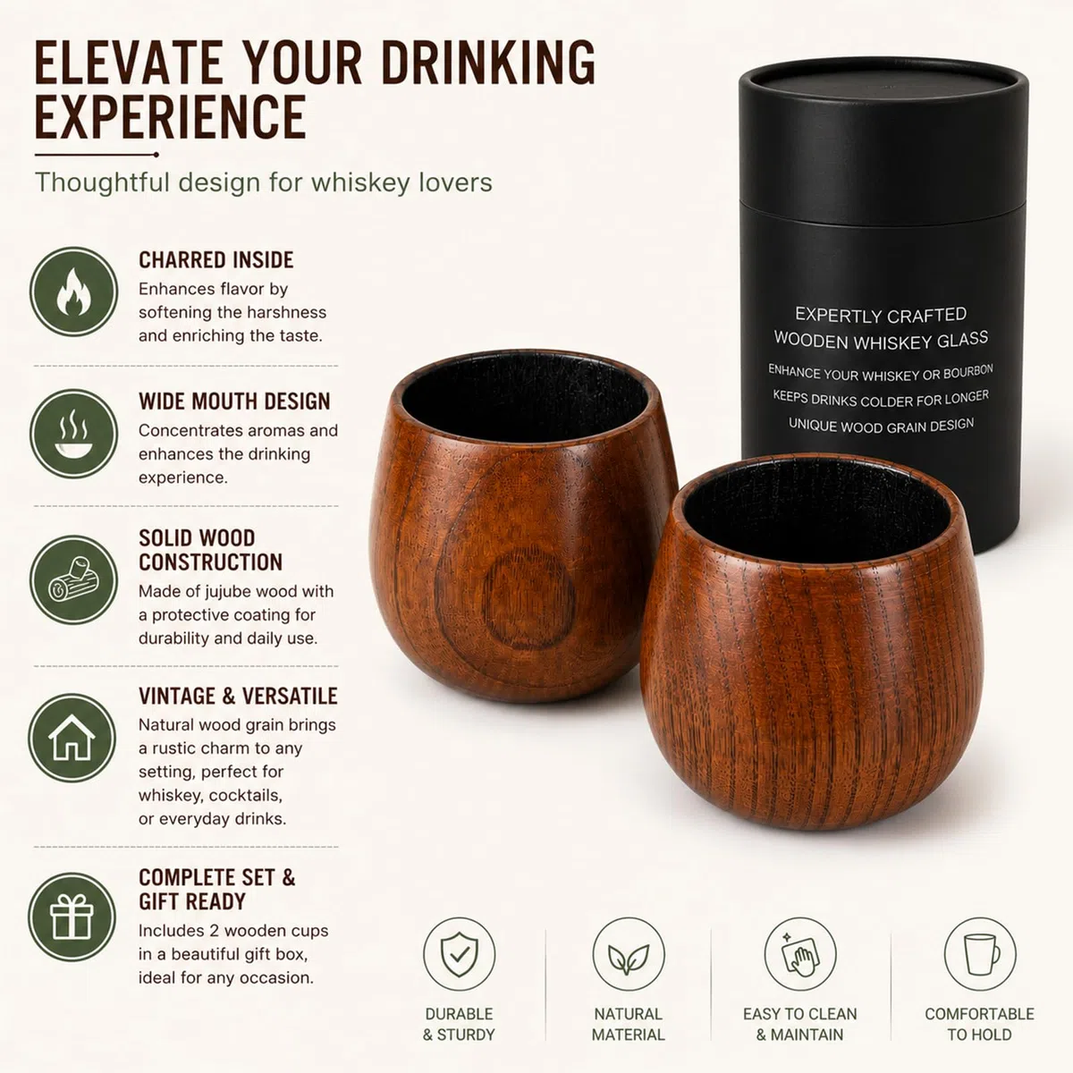 Bicchieri per Whisky in Legno, Confezione da 2 Bicchieri Old Fashioned con Interno Carbonizzato per Ammorbidire il Gusto, Calici per Bourbon e Rum, Design Ampio per Esaltare l’Aroma