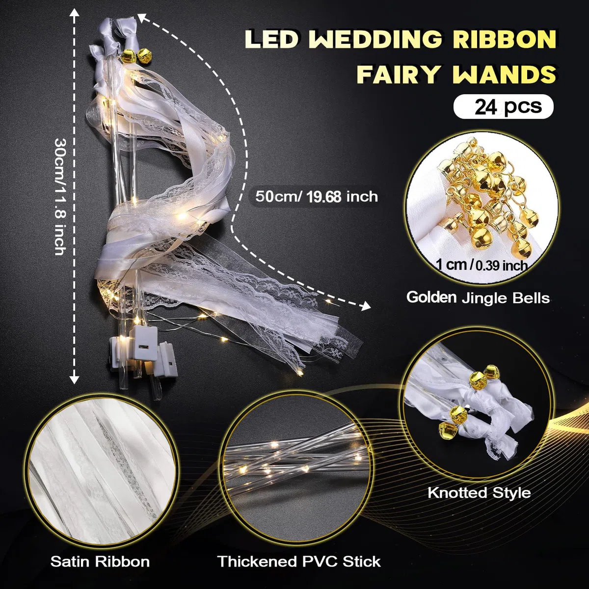 Bacchette Magiche per Matrimonio con Bagliore di Luce LED, Bacchetta Magica con Campana, Matrimonio Nastro, Bacchette da Sposa, Bacchette Nuziali, Bacchette di Pizzo Romantiche con Nastri Nuziali (24)