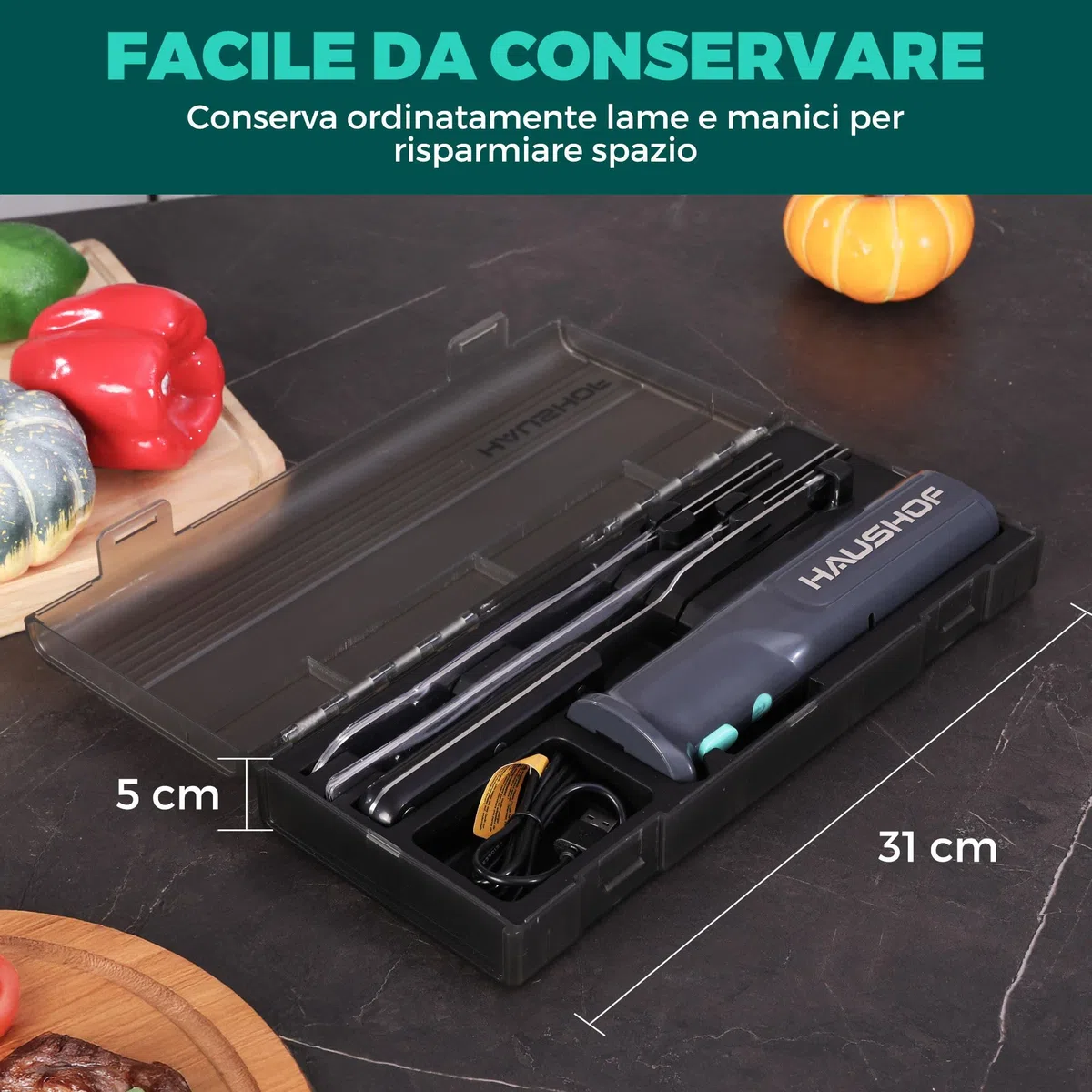 HAUSHOF Coltello Elettrico a Batteria con Coltello da Pane 18cm, Coltello da Bistecca 20cm e Forchetta, Coltello da Cucina Batteria 2000mAh, Ideale per Affettare Cotolette, Pane, Formaggio - Nero
