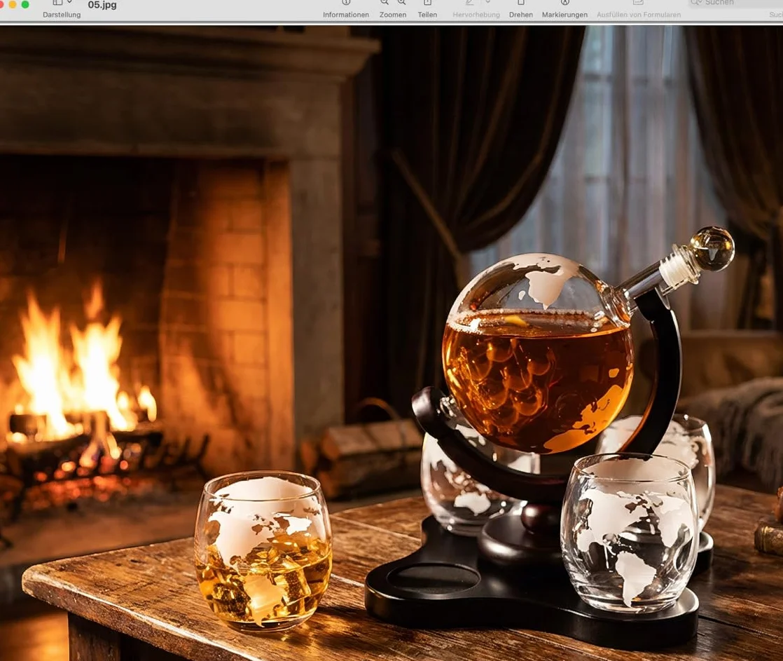 Hanseküche Caraffa per whisky - Caraffa da decantazione a forma di globo terrestre 900 ml con 4 bicchieri da whisky - Elegante set di caraffa per whisky da uomo - Idea regalo per compleanno, festa
