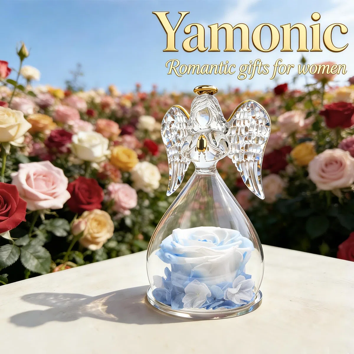 Yamonic Rosa Eterna Regalo Donna, Rosa Stabilizzata con Angelo di Vetro Regalo Mamma Compleanno, Angeli Custodi Regali Nonna, Statuette Angeli con Fiori Eterni Festa della Mamma Idee Regali Natale
