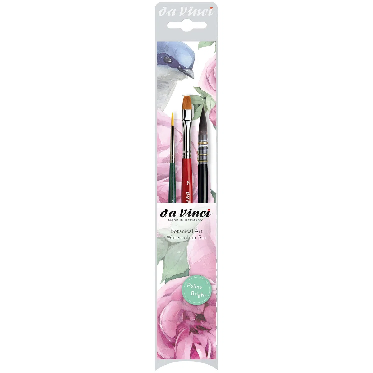 da Vinci Botanical Art Watercolour - Set di 3 pennelli: serie 498 No. 2, serie 5570 No. 2, serie 5880 No. 8, verde, nero, rosso