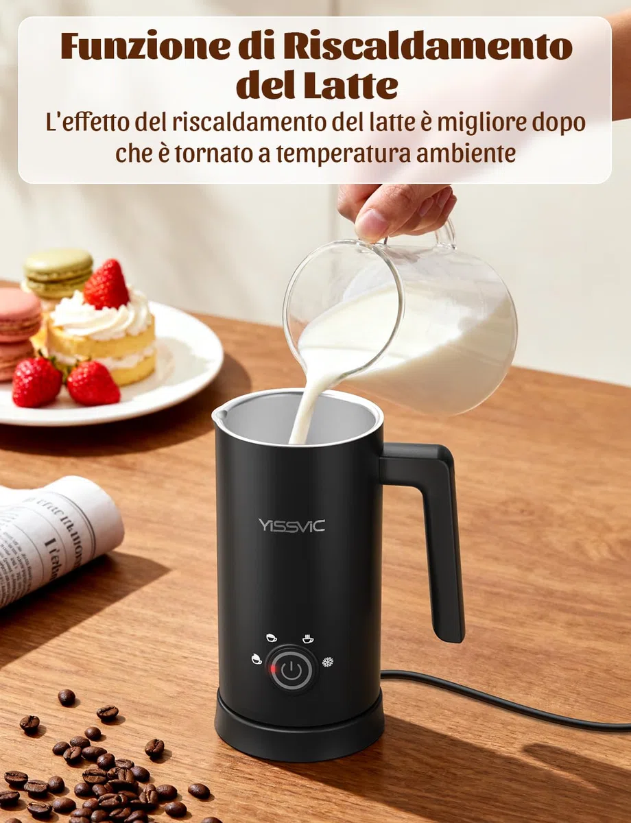 YISSVIC Montalatte Elettrico Cappuccino 4 in 1 Cappuccinatore Elettrico 300ML, Spegnimento Automatico, Facile da Pulire, Schiuma di Latte Calda e Fredda, Adatto per Latte e Cappuccino