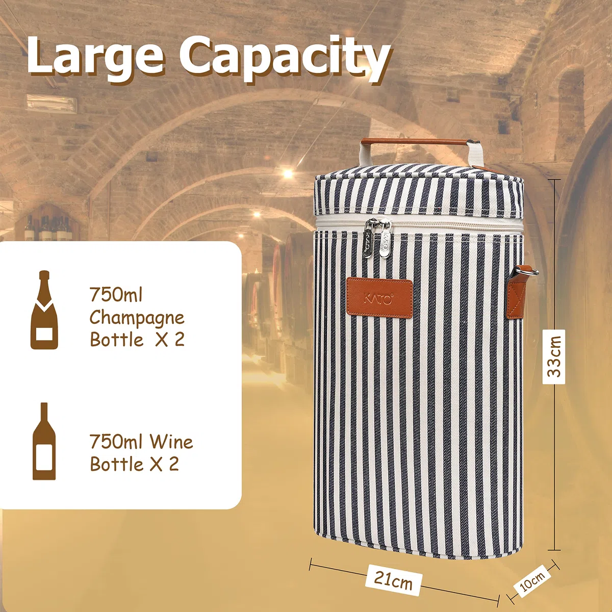 Kato Tirrinia Borsa termica per bottiglie da 2/4, borsa termica per vino isolata, portatile, con cinghia, per picnic, feste, bYOB, ristorante, degustazione di vino, beige, 21 × 9 × 35 cm, strisce