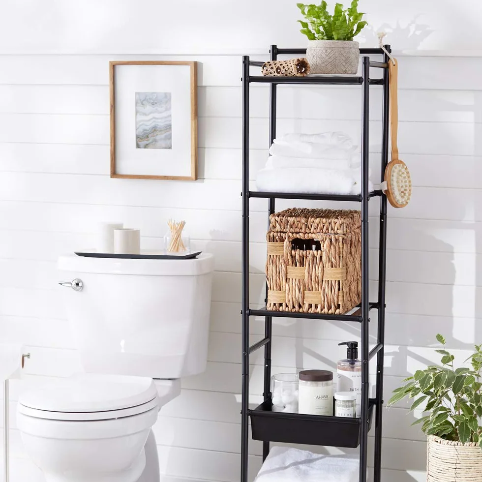 Amazon Basics Scaffale a 5 ripiani con cestello, Nero, 34.5 x 28.5 x 140.3 cm (L x W x H)