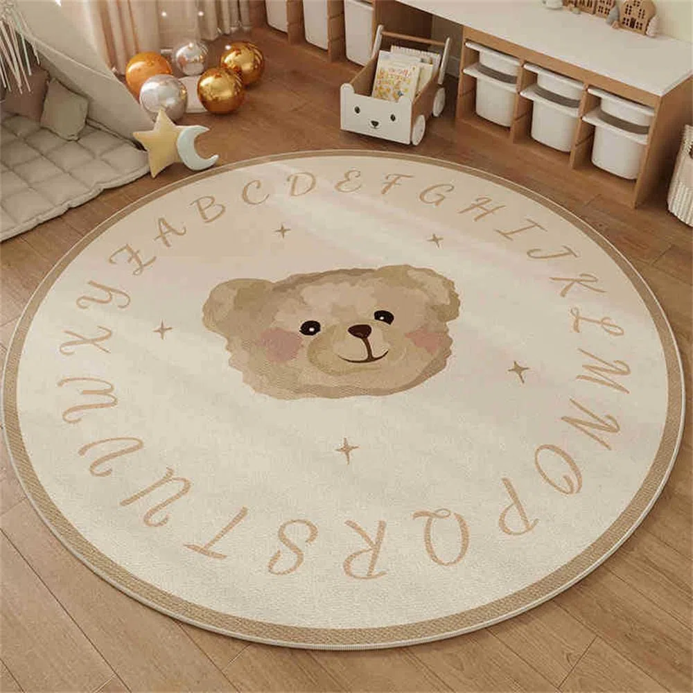 Rotondo Tappeto Gioco Morbido per Neonati e Bambini Antiscivolo Lavabile Pelo Corto Tappeto Lavabile per Camerette Ragazzi e Ragazze Tappeti per Camera da Letto Animale Orso (Beige 2, 120x120cm)