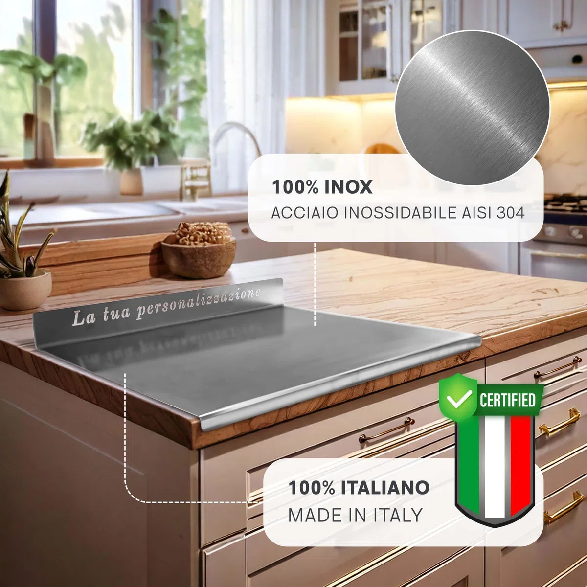 PRM Acciai Tagliere Acciaio Inox - Tagliere da Cucina e Spianatoia Acciaio Inox per Impastare Pizza, Pane, Pasta Sfoglia, Cioccolato e Dolci - 300x500 Con Piega Frontale 20mm. No Alzatina Paraschizzi.
