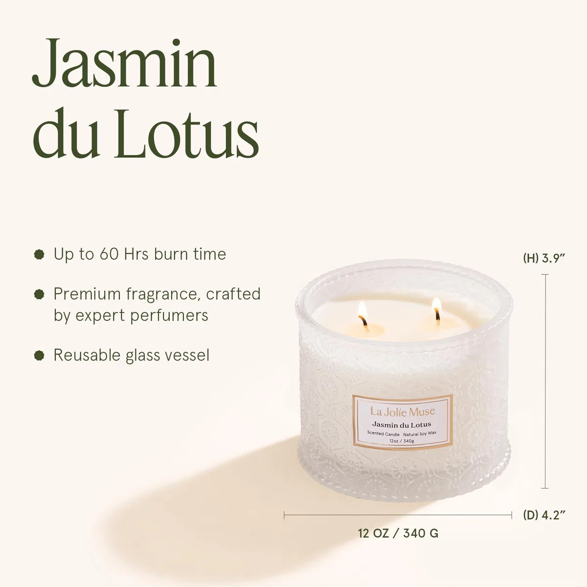 LA JOLIE MUSE Candela al gelsomino, candele profumate per la casa, candela di soia grande con 2 stoppini, candele profumate da regalo, candele a combustione pulita, 340 g