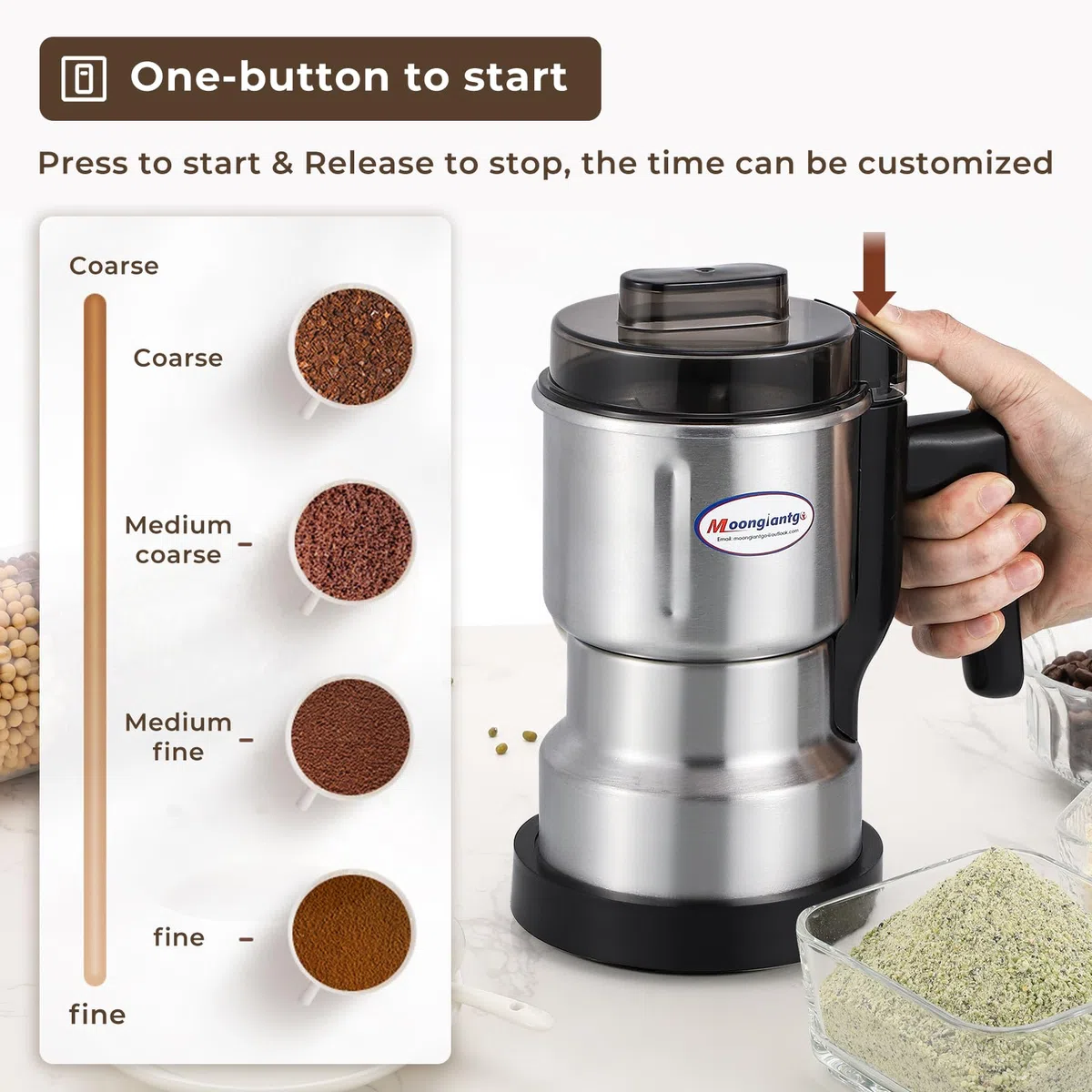 Moongiantgo Mulino Multifunzione per Cereali, Caffè e Spezie (250W 22000RPM, Capacità 200ml, Acciaio Inossidabile, Macinatura Ultra-fine per Cereali, Chicchi, Caffè - con Pennello e Cucchiaio)