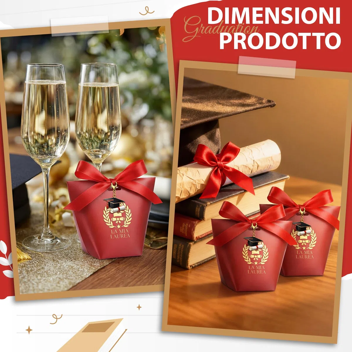 BBTO 50 Set Scatoline Portaconfetti Laurea Include 50 Scatoline Portaconfetti 50 Portachiavi con Cappello di in Smalto 1 Rotolo di Nastro Rosso Bomboniere Decorazione Fai da te Festa Laurea Regalo