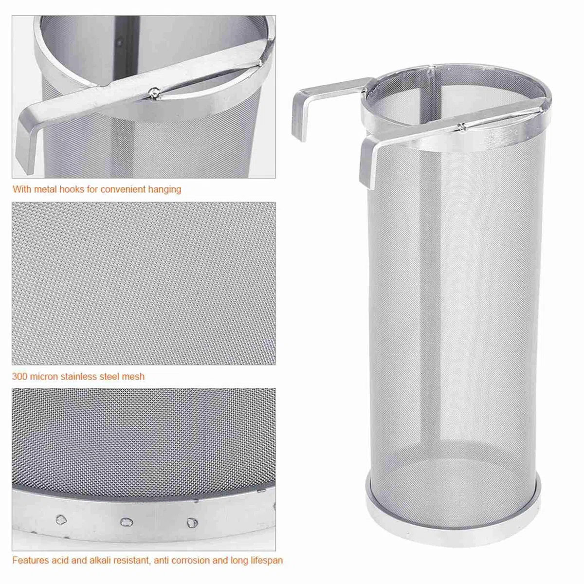 300 Micron Filtro Rete Birra in Acciaio Inox, Casa Homebrew Birra, con Ganci, Filtro Tramoggia Cestello, Birra Luppolo e tè (10 x 25.5cm)