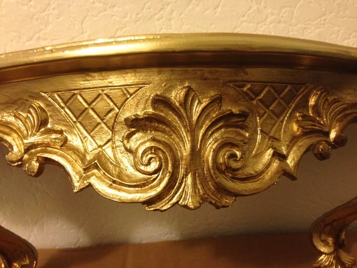 Mensola da parete anticata, stile barocco, 49 x 13 x 21 cm, ripiano a specchio Cp51 (oro)